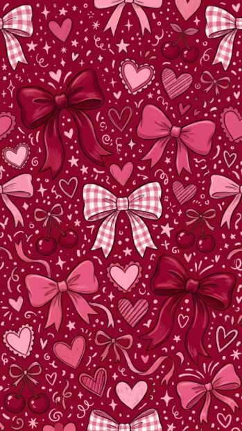 Red aesthetic wallpaper with bows, cherries, and heart motifs on a patterned background