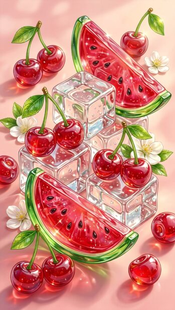 Cherries and watermelon slices with ice cubes create a refreshing red aesthetic wallpaper