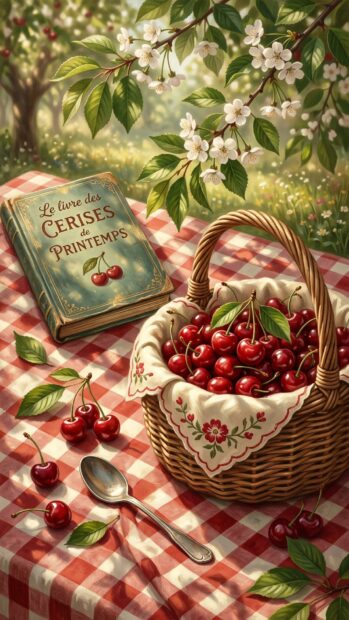 Basket of cherries on a checkered cloth with a book in Full HD