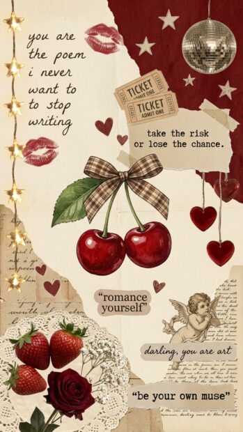 Romantic collage with cherries, hearts, and quotes in Full HD