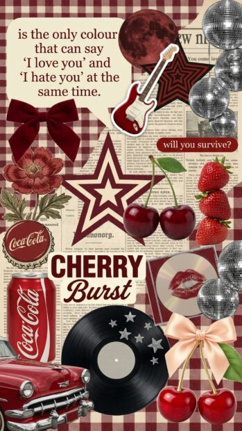 A vibrant red aesthetic wallpaper featuring a collage of elements like cherries, star motifs, and retro items