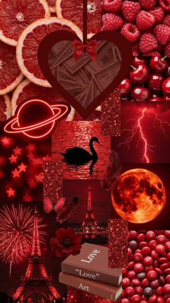 A red aesthetic wallpaper collage with various elements like a heart, swan, and moon