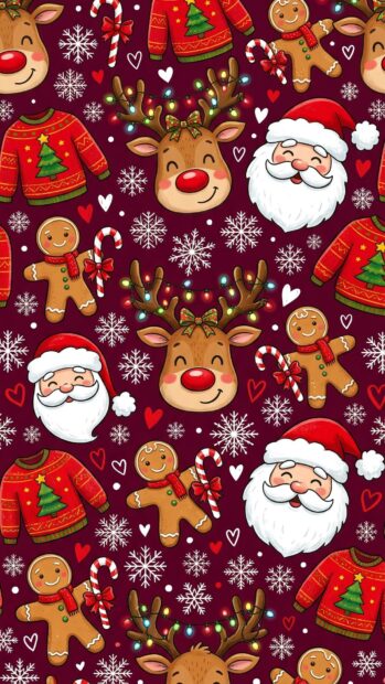 Festive red aesthetic wallpaper with reindeer, Santa Claus, and holiday motifs