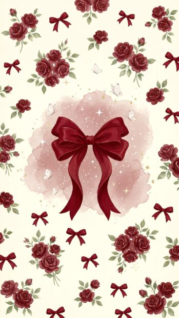 Floral red aesthetic wallpaper with a central bow and scattered roses on a light background