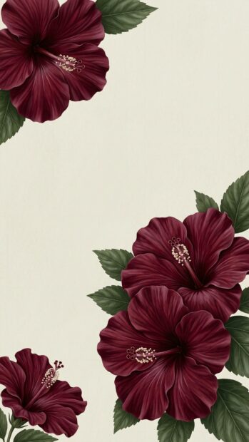 Red aesthetic wallpaper featuring hibiscus flowers with green leaves on a light background