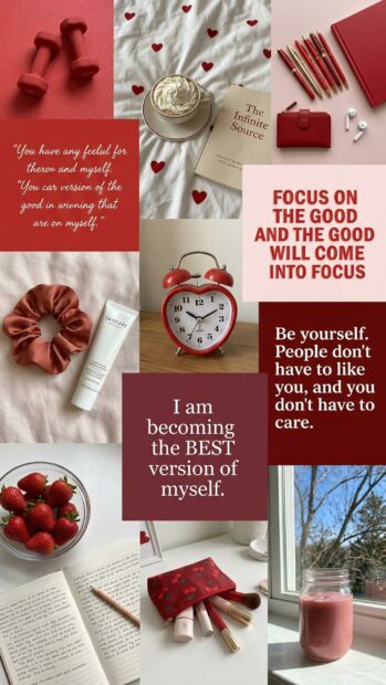 Collage with red items and motivational quotes for a red aesthetic wallpaper