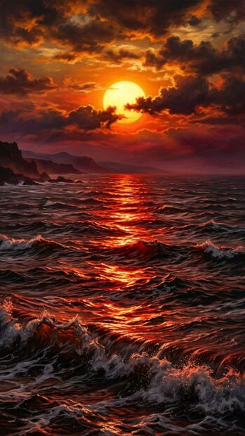 Red aesthetic wallpaper depicting an ocean sunset with dramatic clouds and waves