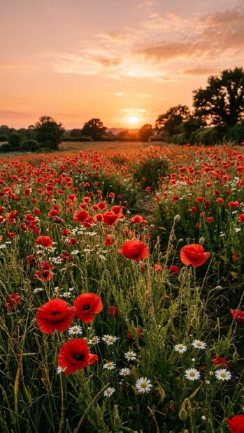Field of red poppies at sunset, ideal for a red aesthetic wallpaper