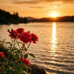 Red Aesthetic Wallpaper Roses by Lake at Sunset