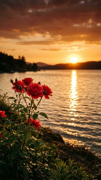 Red roses by a lake at sunset, creating a red aesthetic wallpaper