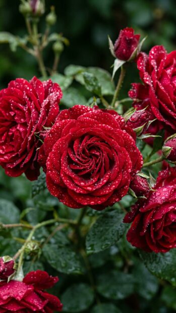 Red roses with water droplets on petals, creating a rich red aesthetic wallpaper
