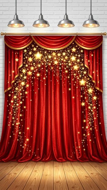 Red velvet curtain with golden stars under hanging lights in Full HD