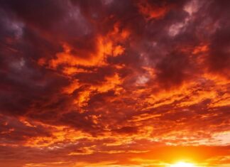 A stunning red aesthetic wallpaper of a sunset over a beach with footprints in the sand