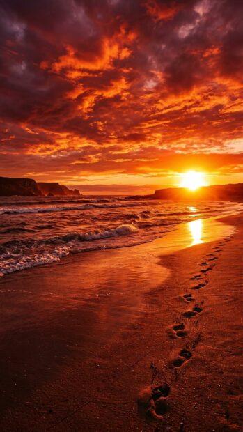 A stunning red aesthetic wallpaper of a sunset over a beach with footprints in the sand