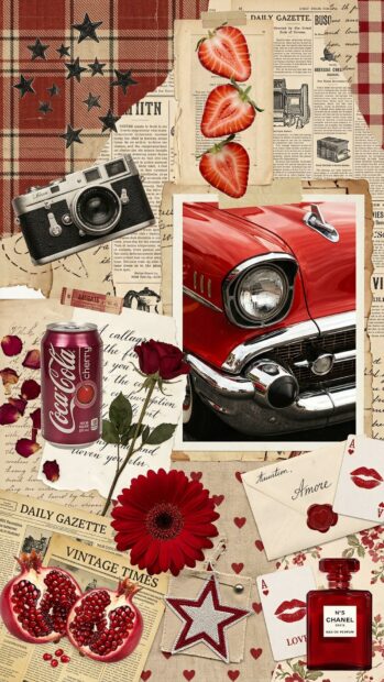 Vintage collage with red car and items for a red aesthetic wallpaper