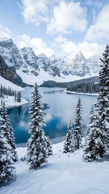 Snow-covered trees by a tranquil alpine lake with mountain backdrop