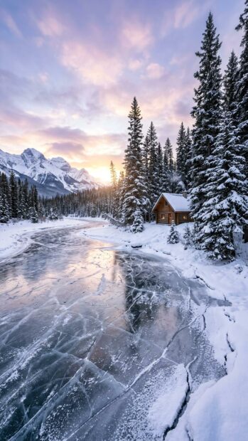 A cozy cabin beside a frozen lake with snow-covered pine trees during sunset