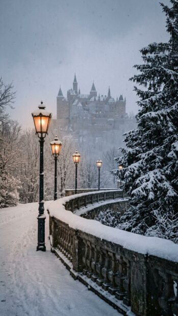 A wintry scene with a castle and illuminated street lamps lining a snowy path