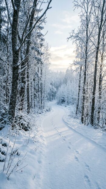Snow-covered forest path with footprints under a soft winter sky