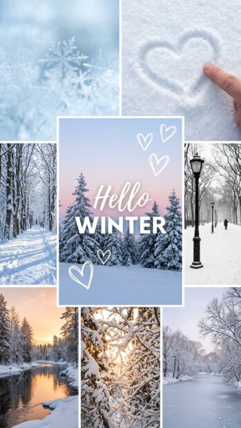 A collage of winter scenes with snow-covered trees and a 'Hello Winter' text, ideal for mobile backgrounds