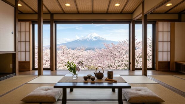 A traditional Japanese room with a view of a snowy landscape and Mount Fuji
