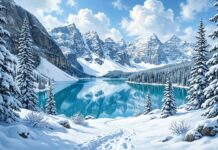 A serene snowy landscape with a lake reflecting mountains and pine trees