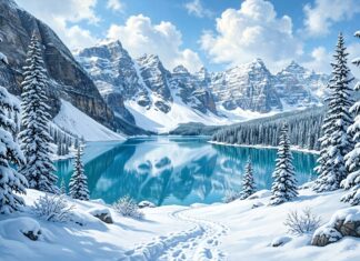 A serene snowy landscape with a lake reflecting mountains and pine trees