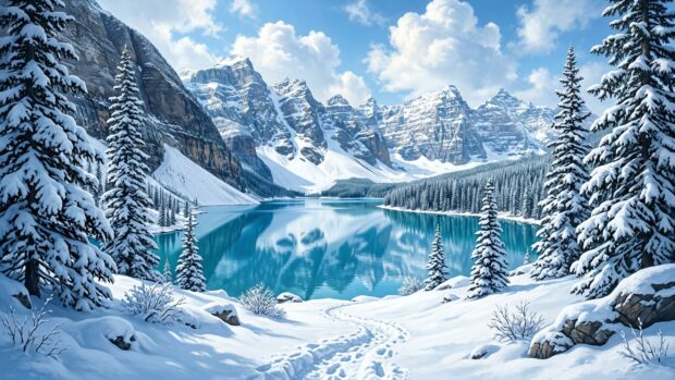 A serene snowy landscape with a lake reflecting mountains and pine trees
