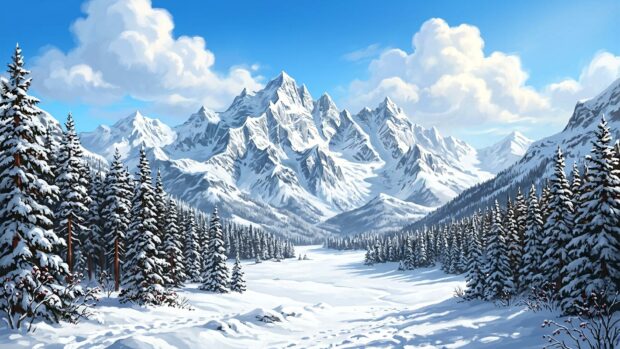 A breathtaking view of snow-capped mountains and a snowy valley in Full HD resolution