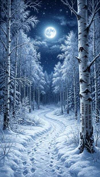 A moonlit snowy forest path surrounded by birch trees