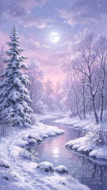 A serene snow-covered river under moonlight