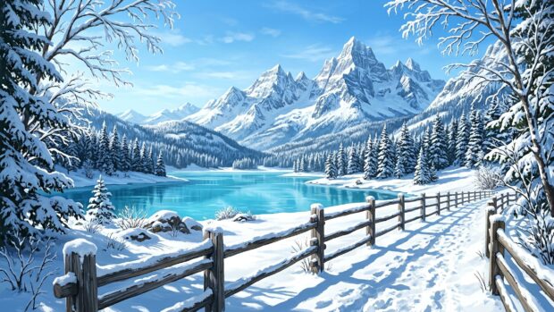 A serene snowy landscape with a mountain lake and a wooden fence under a clear blue sky