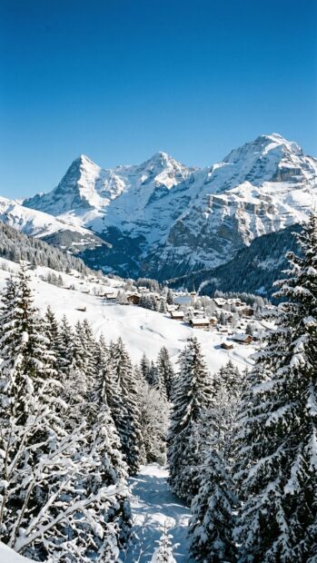 Expansive view of snow-covered mountains and forest under a bright blue sky