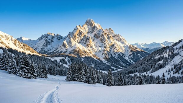A stunning snow-covered mountain peak under a clear blue sky in 2K resolution