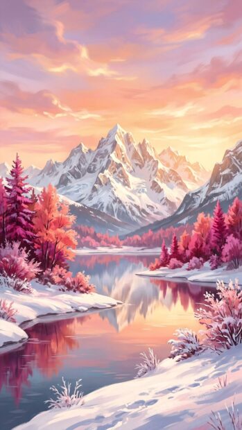 A picturesque snowy mountain landscape at sunrise with vibrant colors