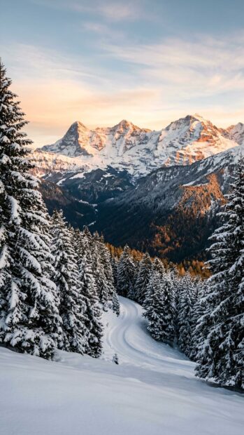 Snow-laden trees on a slope with sunrise-lit mountains in the background