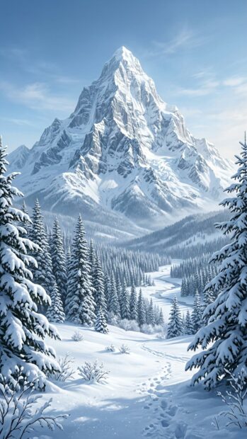 A majestic snowy mountain surrounded by pine trees under a clear sky