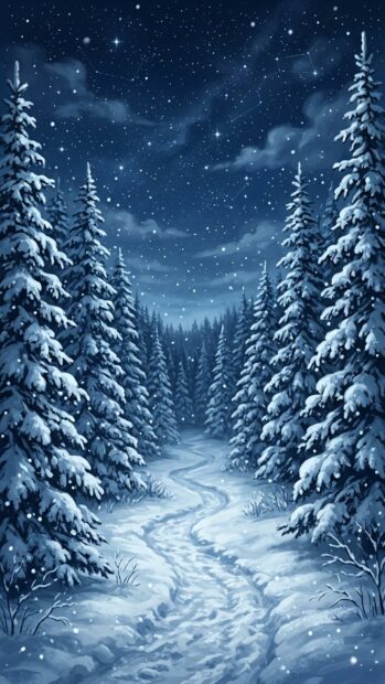 A snowy forest path under a starry night sky