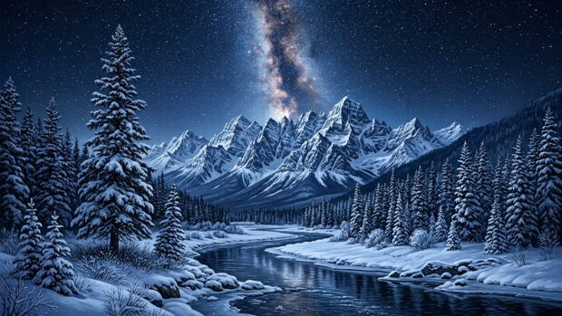 A snowy landscape at night with a river and starry sky