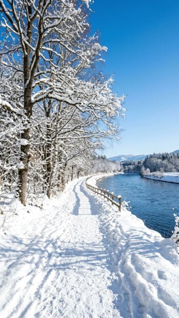 Snowy path alongside a river with snow-laden trees under a clear blue sky