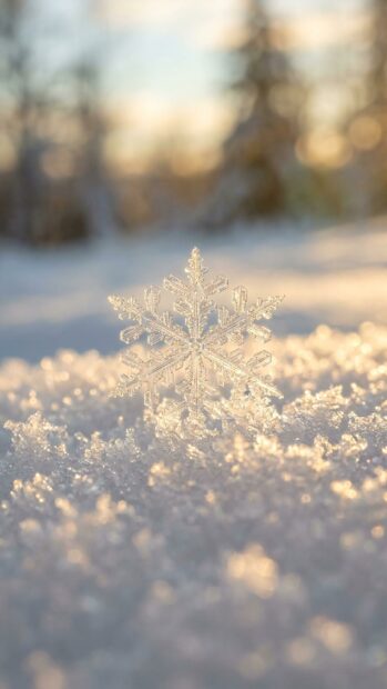 Close-up of a delicate snowflake resting on snow with a blurred background