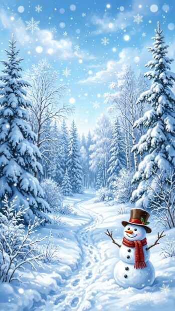 A cheerful snowman in a snowy forest with falling snowflakes in Full HD resolution