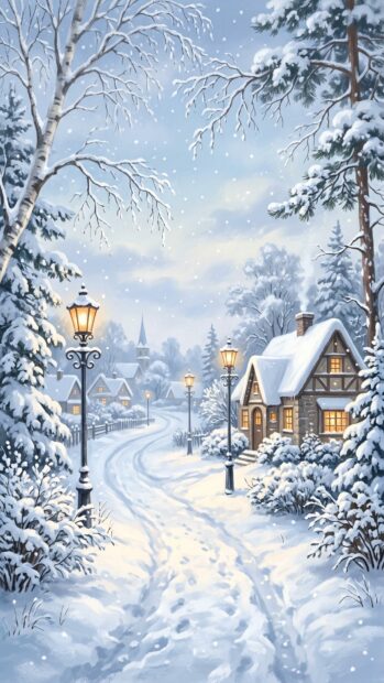 A picturesque snowy village scene with warmly lit cottages and street lamps