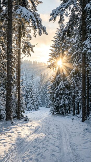 Sunrise shining through a snowy forest with a path
