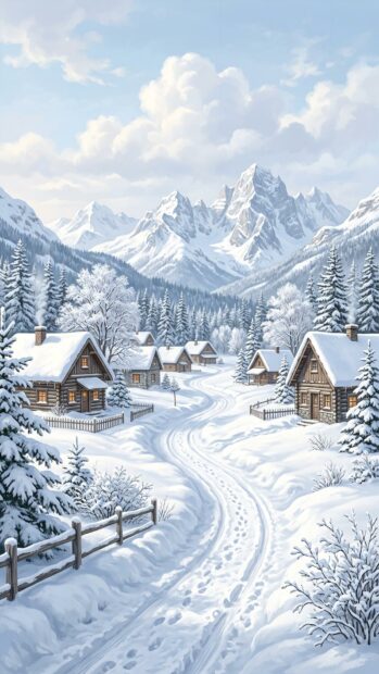 Charming snow-covered village with cabins and mountains in the background under cloudy skies