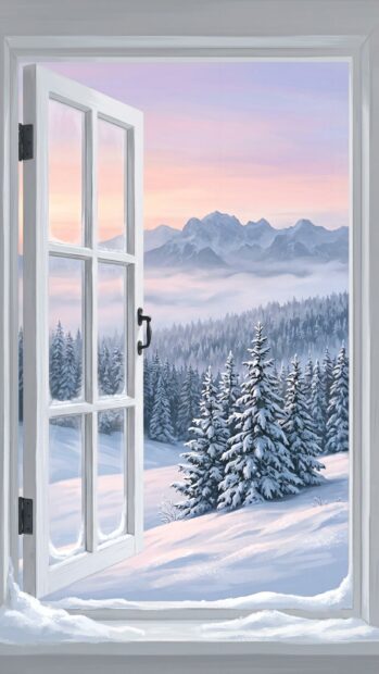 A snowy mountain landscape viewed through an open window, framed by snow-covered trees