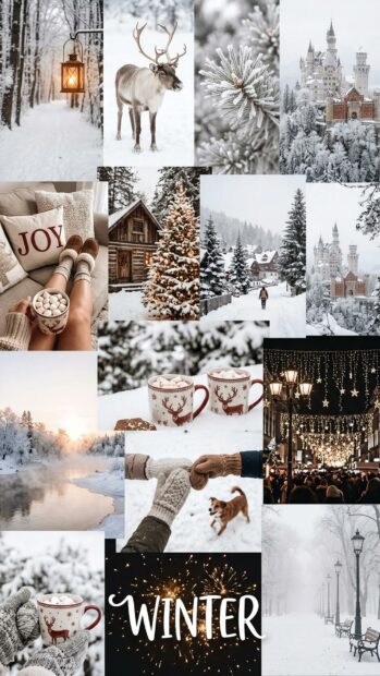 A winter collage featuring snow-covered trees, reindeer, and cozy winter scenes
