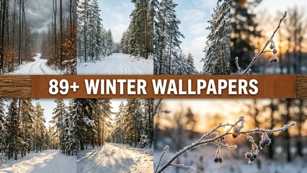 A collection of snow-covered forest paths and winter landscapes, perfect for desktop backgrounds