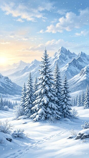A serene winter landscape with snowy trees and mountains in Full HD resolution