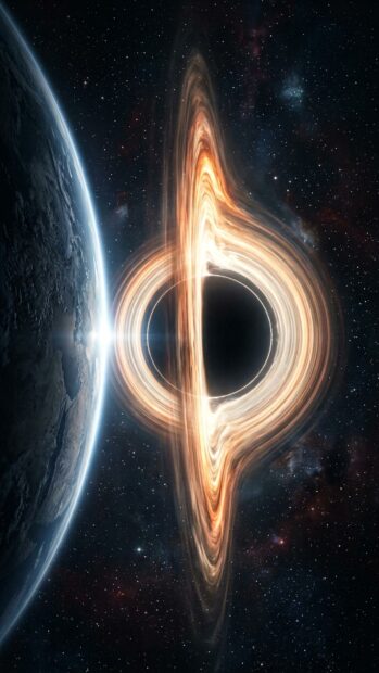 A black hole near a planet in the Starfield Nebula Wallpaper